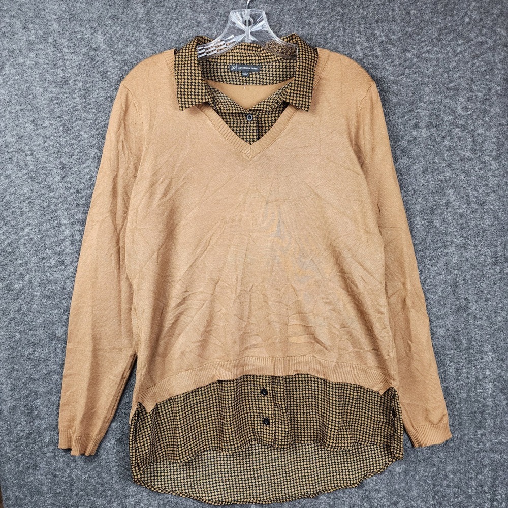 Adrianna Papell‎ Layered Sweater Women Large Tan Houndstooth V-Neck Mixed Media